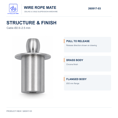 Brass Pull-to-Release Cable Gripper for 2.0-2.5 mm Wire Rope with Chrome Finish